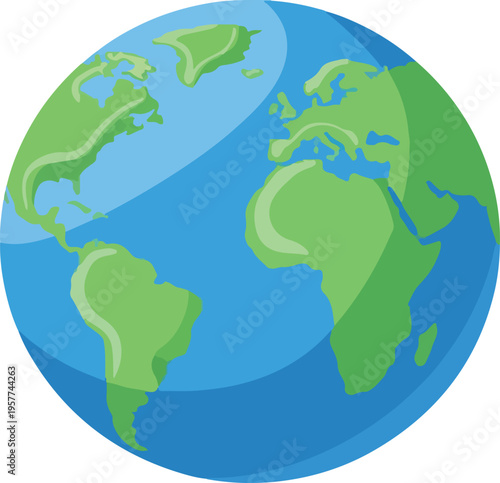 Vector illustration of a 3D earth globe on a white background showing a world map with the continents of Asia, Europe, and America in green color symbolizing the iconic global planet