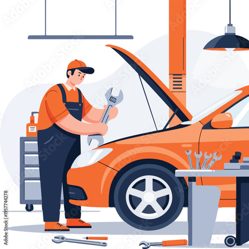 Vector illustration of a cartoon mechanic having fun changing the wheel and engine of a car