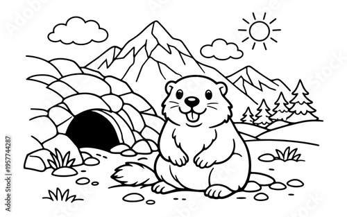 Cute cartoon groundhog peeking out of its burrow on a sunny day