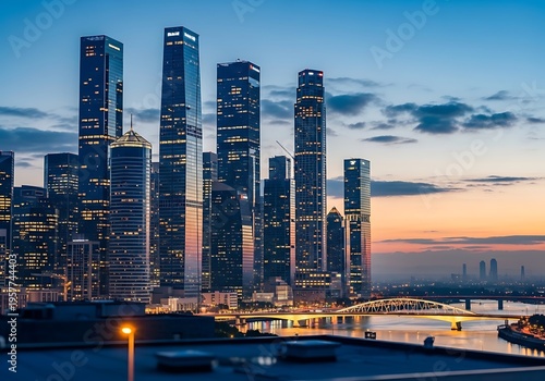 Modern cityscape at sunset skyscrapers and waterfront