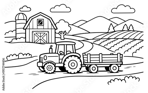 Cartoon farm scene with tractor, barn, silo, and rolling hills