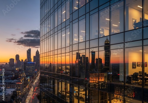 Cityscape at sunset with modern glass building