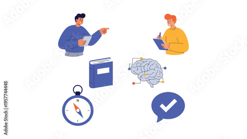 Strategic Thinking, Learning & Problem Solving Concept. People, Brain, Book, Compass & Checkmark Illustration.