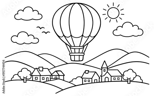 Whimsical hot air balloon floats over a charming village and rolling hills