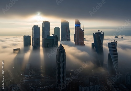 City skyline emerging from fog at sunrise