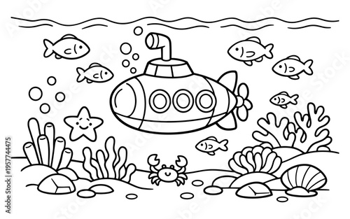 Cute cartoon submarine exploring the ocean floor with fish and coral