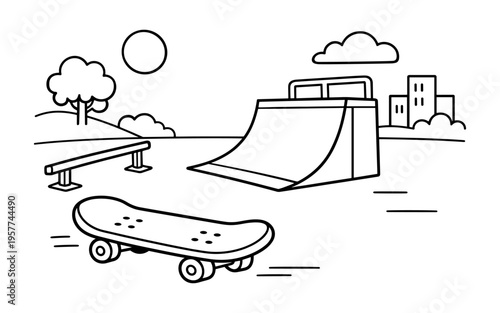 Skateboard park with ramp, rail, and cityscape in the background
