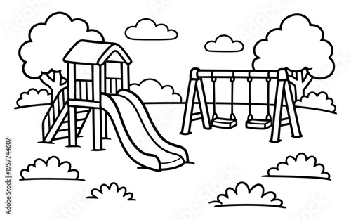 Simple line drawing of a playground with a slide and swings under a cloudy sky