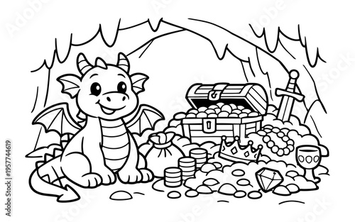 Cute cartoon dragon guarding a treasure chest filled with gold coins and jewels