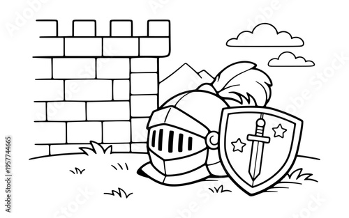 Cartoon knight's helmet and shield next to a castle wall with mountains and clouds