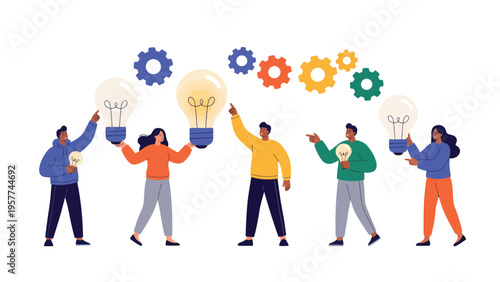 Collaborative Innovation: Diverse Team Brainstorming Ideas with Lightbulbs & Gears