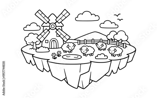 Cute cartoon farm scene with sheep and windmill on a floating island