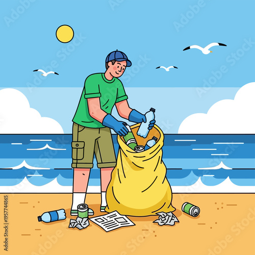 Man picking up beach trash.