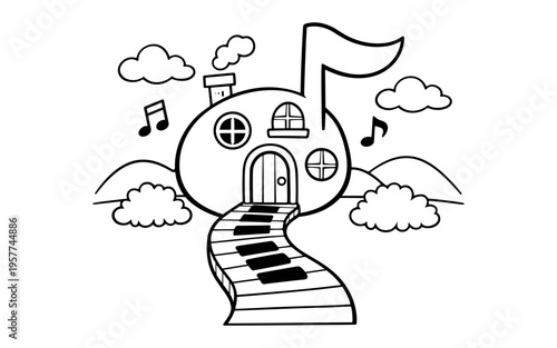 Whimsical music note house with piano key path and clouds in a playful landscape