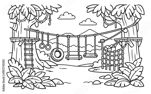 Jungle gym adventure with swings, rings, and rope net in a cartoon style