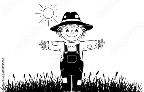 Friendly Scarecrow: A cheerful scarecrow stands tall in a field of tall grass, wearing a wide-brimmed hat and overalls.
