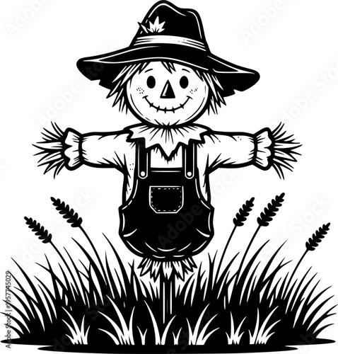 Friendly Scarecrow: A cheerful scarecrow stands tall in a field of tall grass, wearing a wide-brimmed hat and overalls.
