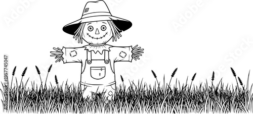 Friendly Scarecrow: A cheerful scarecrow stands tall in a field of tall grass, wearing a wide-brimmed hat and overalls.
