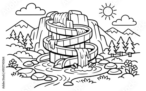 Whimsical cartoon water slide with cascading water and surrounding natural elements