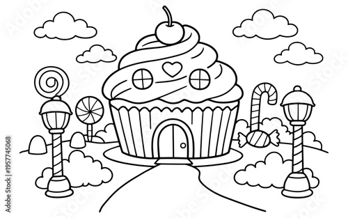 Whimsical cupcake house with candy and streetlights in a fantasy landscape