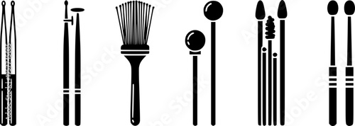 Drumsticks Icon Set. Solid, filled icon set of drumsticks types: wooden drumsticks, nylon tip sticks, brush sticks, mallets, rods, marching sticks, jazz