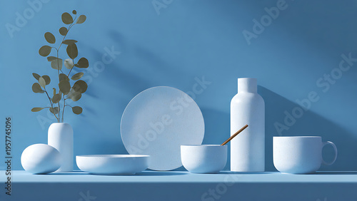 Minimalist white ceramic tableware set with bowls, plates, and bottle arranged in balanced flat lay on soft blue background