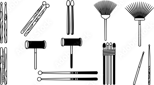 Drumsticks Icon Set. Solid, filled icon set of drumsticks types: wooden drumsticks, nylon tip sticks, brush sticks, mallets, rods, marching sticks, jazz