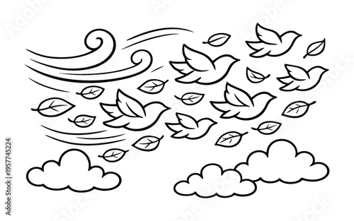 Stylized flock of birds flying with leaves and clouds in windy weather