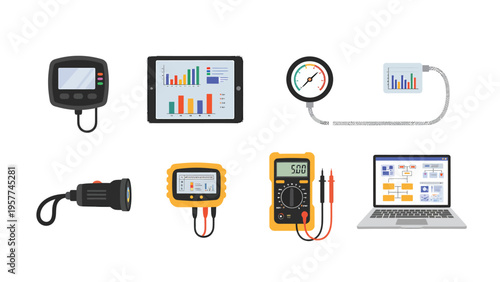 Electronic Devices, Measurement Tools & Data Analysis Gadgets Set. Technology, Engineering & Testing Equipment Vector Icons.