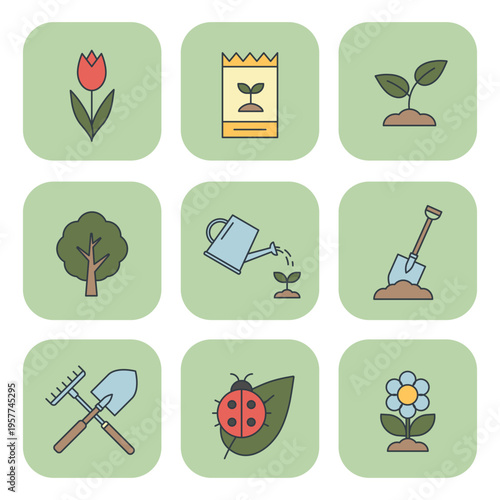 Spring garden flat icon set with tools, flowers, and tree. Vector illustrations