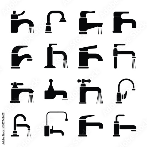 Collection of modern faucet silhouettes in a black and white design