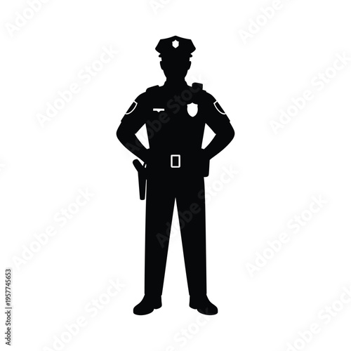 Silhouette of a police officer standing firmly with hands on hips