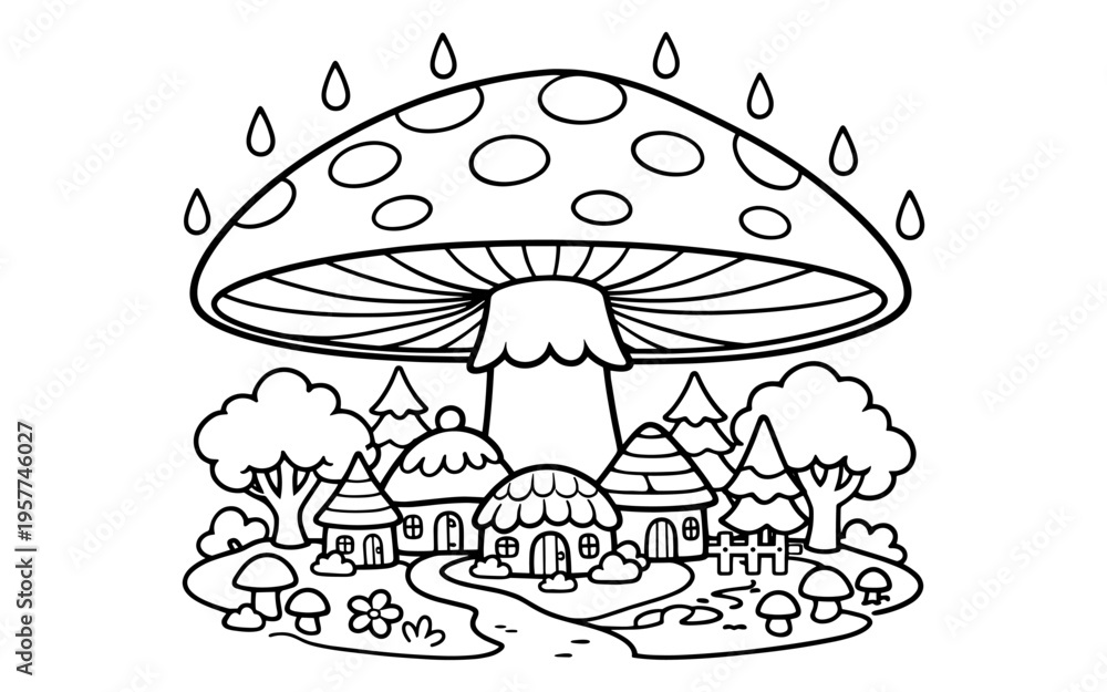 Naklejka premium Whimsical mushroom village nestled under a giant toadstool during a gentle rain shower
