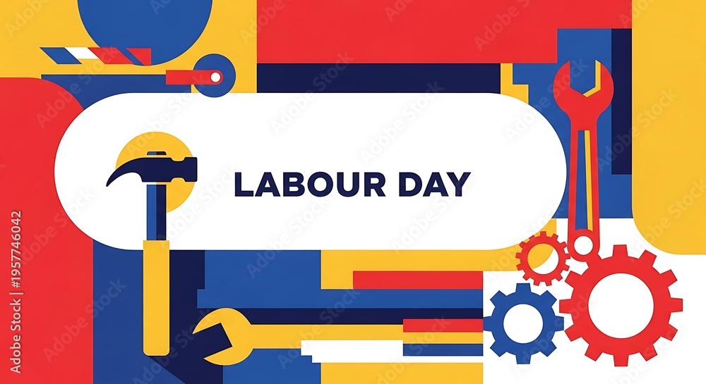 Fototapeta premium Vibrant labour day graphic with tools and gears on colorful background