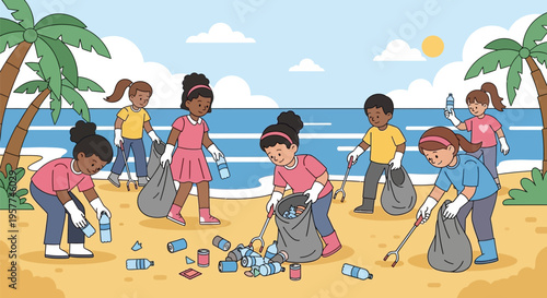 children picking up beach trash.