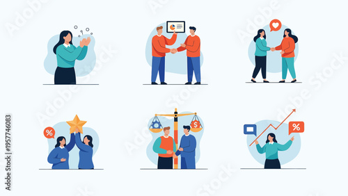 Business & Social Interaction Flat Illustrations Set: Teamwork, Partnership, Success, Justice, and Growth Concepts