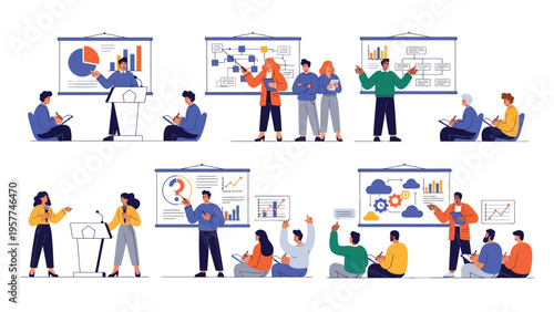 Business Presentations, Workshops & Training Sessions. Flat vector set with diverse scenarios.