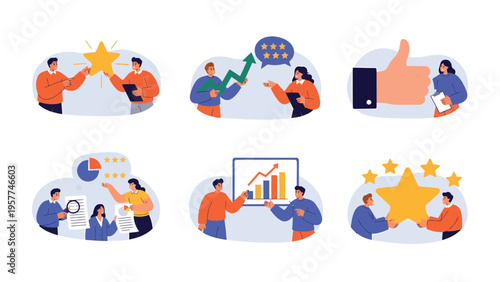 Business Performance, Customer Feedback & Teamwork. Icons for growth, ratings, and satisfaction.
