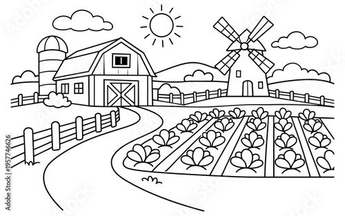 Charming cartoon farm scene with barn, silo, windmill, and crops under a sunny sky