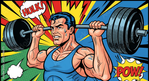 A muscular individual confidently lifting a heavy barbell in a comic-book style illustration, showcasing strength and determination
