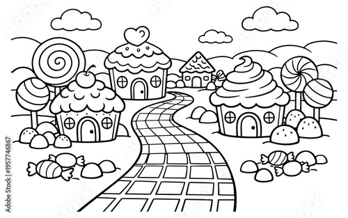 Whimsical candy land with cupcake houses and lollipop trees for children's imagination
