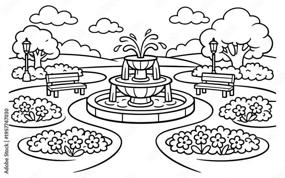 Obraz premium Charming park scene with a central fountain, benches, and flower beds