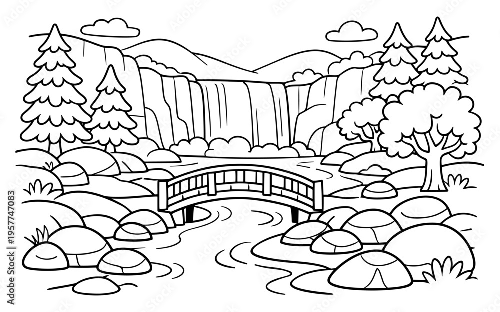 Fototapeta premium Charming cartoon bridge crosses a river leading to a majestic waterfall and lush forest