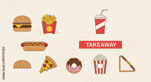 Takeaway food icons on white background.