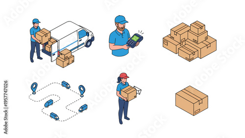 Isometric Delivery Logistics Set: Courier Service, Parcel Shipping, Van, Tracking, Packaging, and Route Icons
