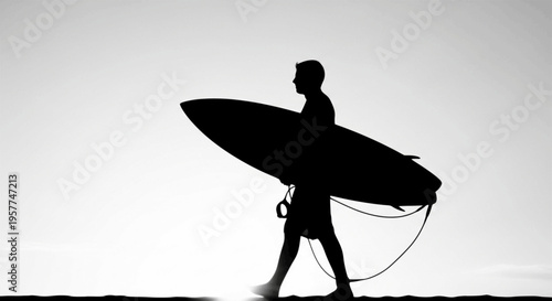 Silhouette Of Surfer Walking With Surfboard Along Beach At Sunset Coastline


