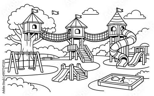 Whimsical playground with treehouse, slides, swings, and sandbox for coloring