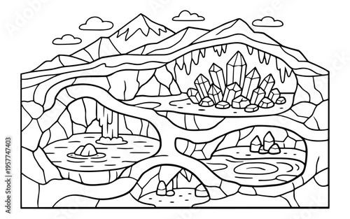 Underground cave system with crystals, waterfall, and rock formations