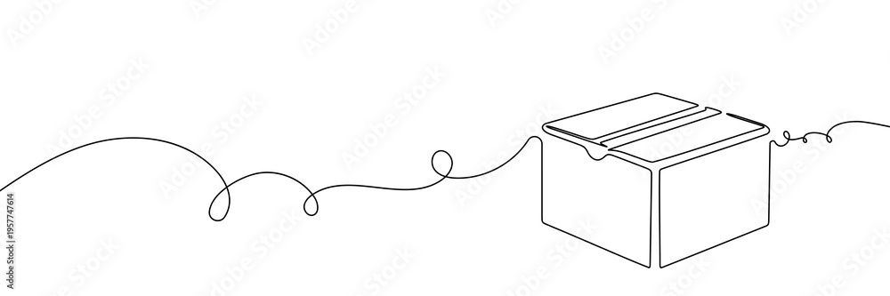Fototapeta premium Continuous one line box package icon delivery gift storage cardboard. Doodle one line container outline box package carton illustration warehouse cargo single parcel open post pack creative sketch.