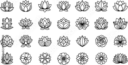 Nature and Spirituality Floral Icons Set. Black and White Outline Lotus and Flower Blossom Vector Line Art Collection for Wellness, Yoga, and Design.